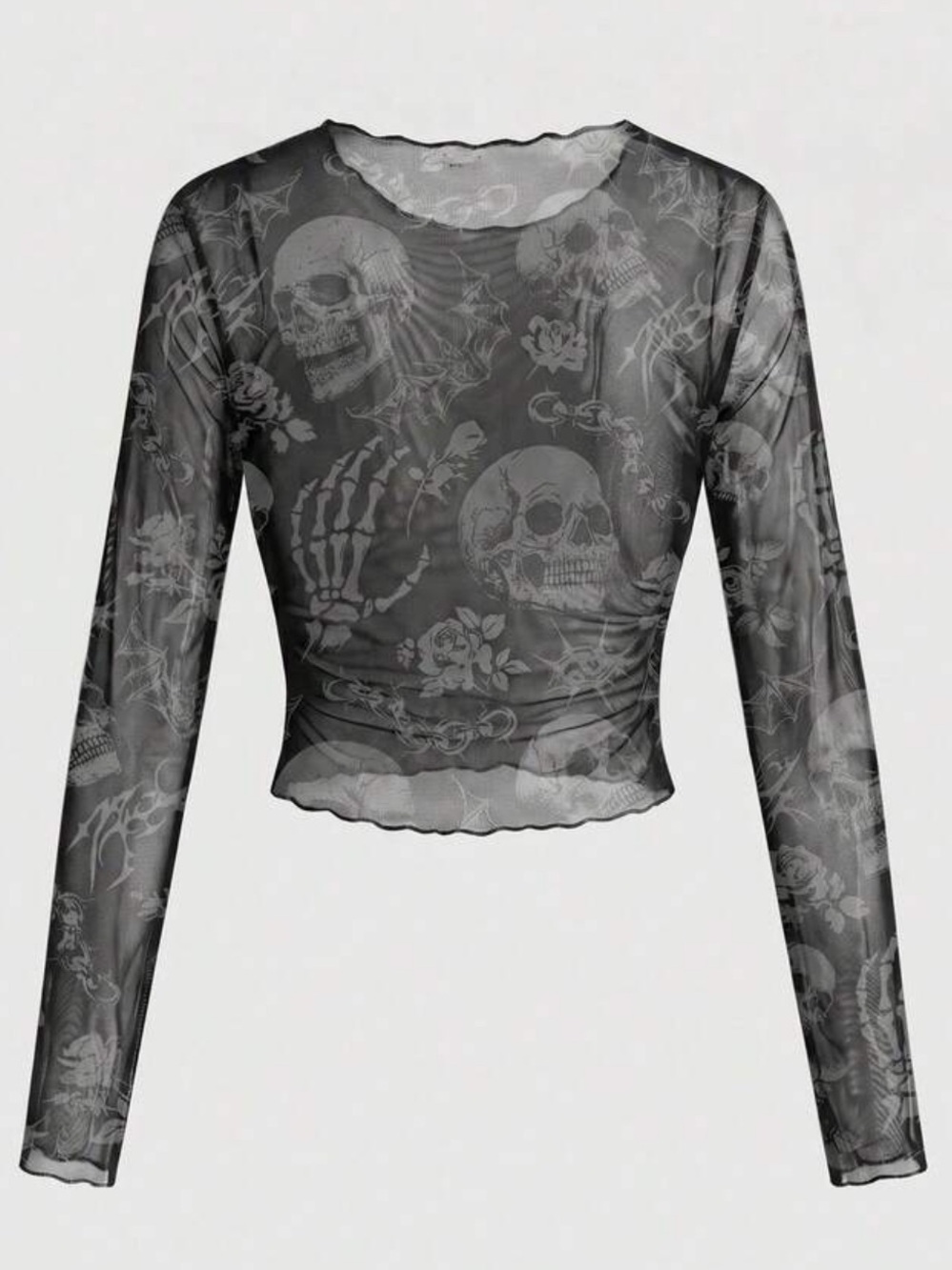 Goth Black Skull Print Long-Sleeve Mesh Top NEW 🏷️ - Picture 2 of 5